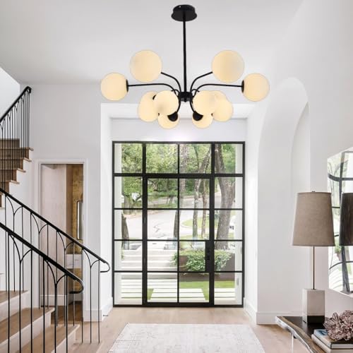 LYSDjia Sputnik Pendelleuchte 12-flammig Mid Century Metallkronleuchter für Esszimmer Kücheninsel moderner Kugel-Kronleuchter Deckenleuchte für Wohnzimmer Eingangsbereich Foyer Hängeleuchte(Black) von LYSDjia