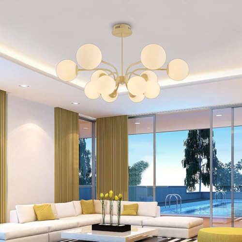 LYSDjia Sputnik Pendelleuchte 12-flammig Mid Century Metallkronleuchter für Esszimmer Kücheninsel moderner Kugel-Kronleuchter Deckenleuchte für Wohnzimmer Eingangsbereich Foyer Hängeleuchte(Yellow) von LYSDjia