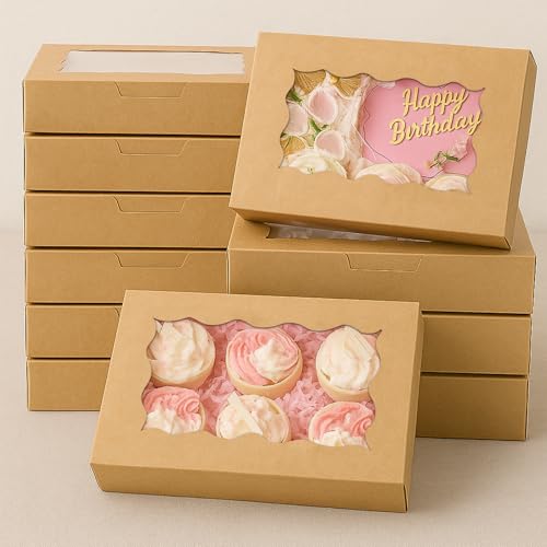 LYSHOOCE 20 Stück Keksschachtel mit Sichtfenster Kraftpapier Gebäckkarton Geschenkbox mit Fenster 18 X 11 X 4CM Gebäckkarton mit Sichtfenster Cupcake box Muffin Transportbox Pralinenschachtel von LYSHOOCE