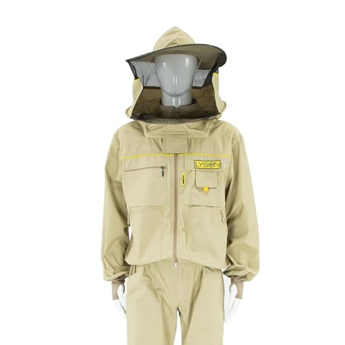LYSON Imkerjacke Imkerbluse mit abnehmbarem Hut/Imkerjacke mit Handstulpen mit Daumenloch Imkerbluse belüftet Professionelle Imkerbekleidung, Imkerjacke mit Reißverschluss PREMIUM (M, Beige) von LYSON