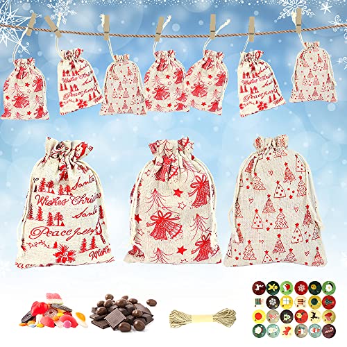 LYTIVAGEN 24 Stück Adventskalender Stoffbeutel Weihnachten Stoffsäckchen zum befüllen Adventskalender Jutesäckchen Jutebeutel mit Aufkleber Juteseil Clips Weihnachten Geschenksäckchen für Handwerk von LYTIVAGEN