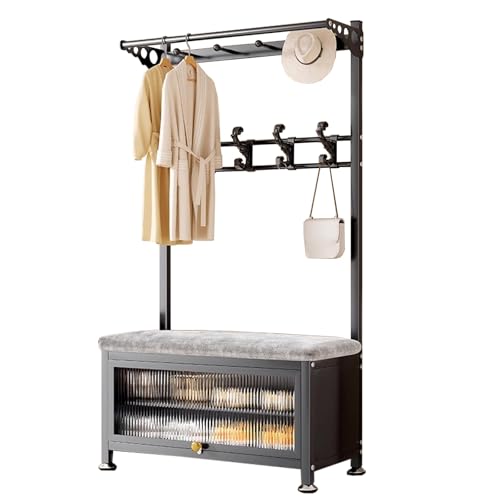 LYUCAYHQ 5-in-1 Flurgarderobe, Garderobe mit Bank und Schuhablage, Standgarderobe, mit Stauraum, Acht Haken und Gepolsterten Sitzkissen(Black,100cm/39in) von LYUCAYHQ