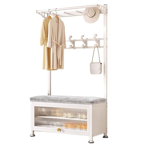 LYUCAYHQ 5-in-1 Flurgarderobe, Garderobe mit Bank und Schuhablage, Standgarderobe, mit Stauraum, Acht Haken und Gepolsterten Sitzkissen(White,60cm/24in) von LYUCAYHQ