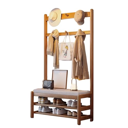 LYUCAYHQ Flurgarderobe mit Haken, 4 in 1 Standgarderobe mit Ablage, Schuhregal, Kleiderhaken und Gepolsterter Sitzfläche, Stauraum für Veranda, Garderobe und Flur(Beige,60cm/24in) von LYUCAYHQ