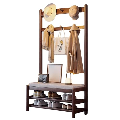 LYUCAYHQ Flurgarderobe mit Haken, 4 in 1 Standgarderobe mit Ablage, Schuhregal, Kleiderhaken und Gepolsterter Sitzfläche, Stauraum für Veranda, Garderobe und Flur(Brown,60cm/24in) von LYUCAYHQ