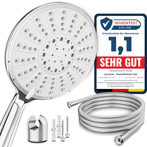 Lyvanas - TESTSIEGER - Duschkopf mit Schlauch und Halterung - Brausekopf für Dusche & Badewanne in extra gross (Ø15cm) - Wellness Regendusche mit 5 Strahlarten (Premium Set 2025) von LYVANAS