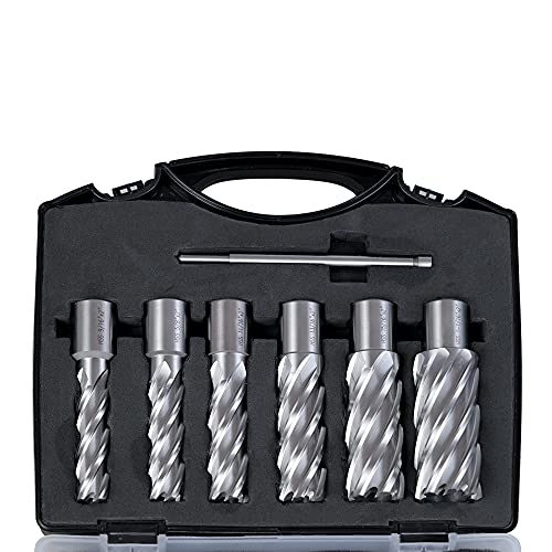 M2AL HSS Ringschneider-Set, 6 Stück, LYXC 3/4 Zoll Weldon-Schaft, 5 cm Schnitttiefe 2,4 cm bis 1 1/16 Zoll Schnittdurchmesser mit 1 Stück Zentrierstift für Magnetbohrmaschine von LYXC