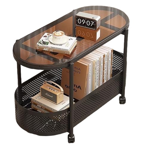 LYXWGRZD Beweglicher Ovaler Couchtisch, Mitteltisch mit Gehärtetem Braunem Glas und Hohlem Ablagekorb für Das Wohnzimmer(Nero,80cm/31.5'') von LYXWGRZD