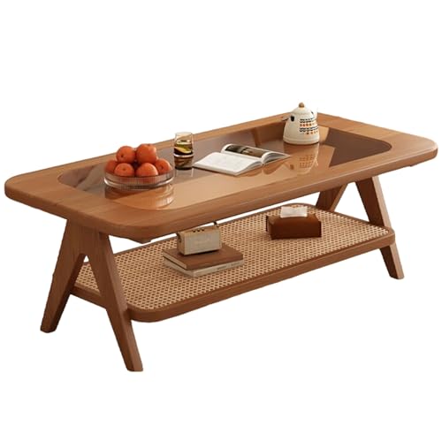 LYXWGRZD Couchtisch aus Massivholz, 2-Stöckiger Beistelltisch mit Glastischplatte, Rattan-Aufbewahrung für Wohnzimmer, Schlafzimmer, Büro(Brown,47.2in/120cm) von LYXWGRZD
