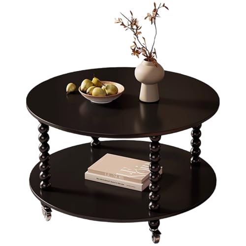LYXWGRZD Couchtisch mit Lenkrollen, 2-Stufiger Runder Beistelltisch mit Stabilen Beinen aus Massivholz, Einfache Montage für Das Wohnzimmer(Nero,60cm/23.6in) von LYXWGRZD