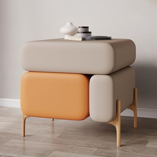 LYXWGRZD Kreativer Nachttisch, Massivholz-Nachtschrank, Nachtkommode mit 3 Schubladen, Lederummantelt, Leise Gleitschienen, Einfach zu montieren(Color:Khaki+orange) von LYXWGRZD