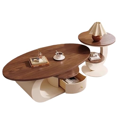 LYXWGRZD Modernes Couchtisch-Set aus 2, 2-Teiliger Ovaler Dekorativer Mitteltisch mit Holzplatte Und Metallbasis, für Wohnzimmer und Schlafzimmer(Wit) von LYXWGRZD