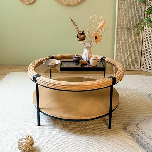 LYXWGRZD Runder Couchtisch mit 2 Ebenen, Tischplatte aus Gehärtetem Glas und Holzregal, Sofa-Mitteltisch für Das Home Office von LYXWGRZD