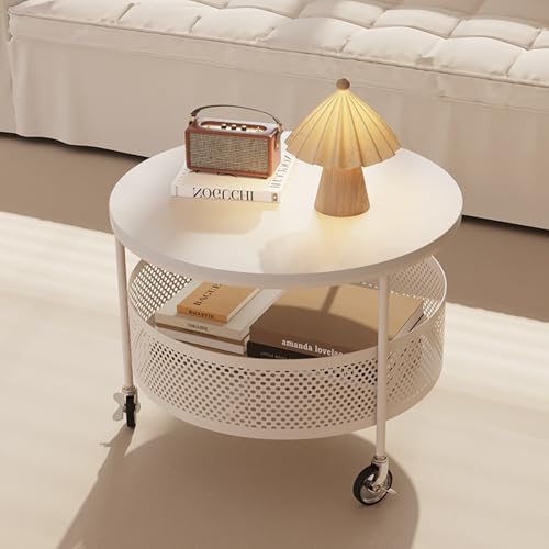 LYXWGRZD Runder Couchtisch mit Lenkrollen, 2-Stufiger Beistelltisch mit Hohlem Aufbewahrungskorb aus Eisen, für Das Wohnzimmer(Wit,60cm/23.6'') von LYXWGRZD