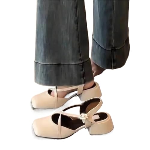LYXYGMV Cover Toe Damen Mary Jane Schuhe mit Kreuzschnalle und Singbacks Schuhen Damenschuhe mit dickem Absatz Für den Alltag oder die Arbeit(Apricot,38) von LYXYGMV