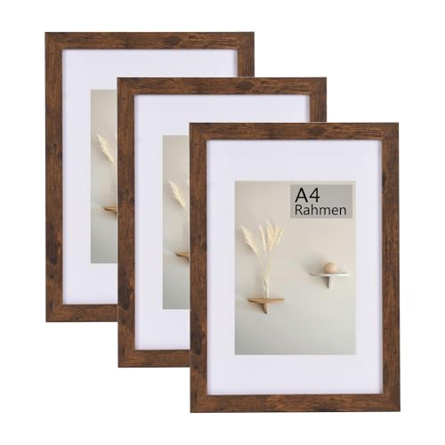 LYYYYX Bilderrahmen A4-21X30cm Passepartout Rustikal Fotorahmen Braun mit Acrylglas 3er Set Zertifikatsrahmen Freistehend und an der Wand montierbar 3er Set von LYYYYX
