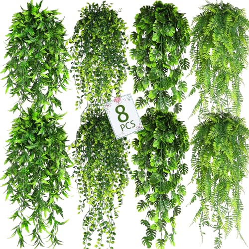 LZAAYNGS 8 Stück künstliche Hängepflanzen, künstliche Grünpflanzen, künstliche Leufranke für Zuhause, Wand, Garten, 78.9 cm künstliche Boston-Farne, Palmblätter) (4P-Hängepflanzen) von LZAAYNGS
