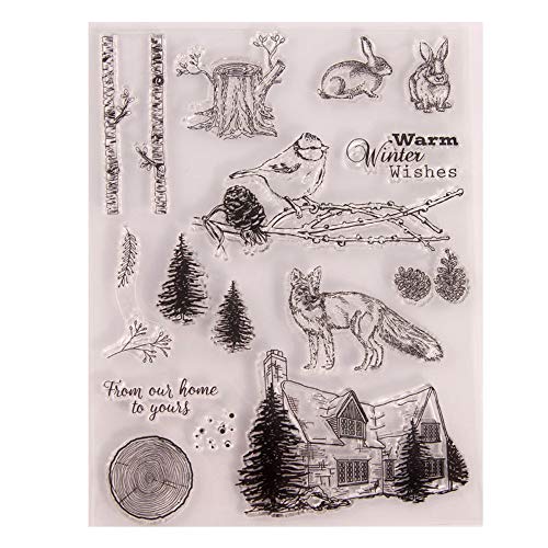 Silikon-Stempel für Winter-Baum, Zweige, Vogel, Kaninchen, Fuchshaus, für Kartenherstellung und Scrapbooking, warme Wünsche, transparente Gummistempel (T1615) von LZBRDY