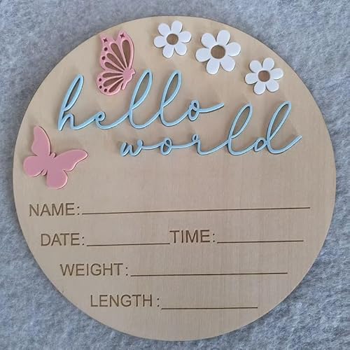 Baby Ankündigung Schild, 15 cm Holz Hello World Neugeborene Schilder, Geburt Ankündigung Schild und Stift, Schmetterling Dekoration Willkommen Neugeborene Ankunft in der Welt von LZC LADYS GIFT