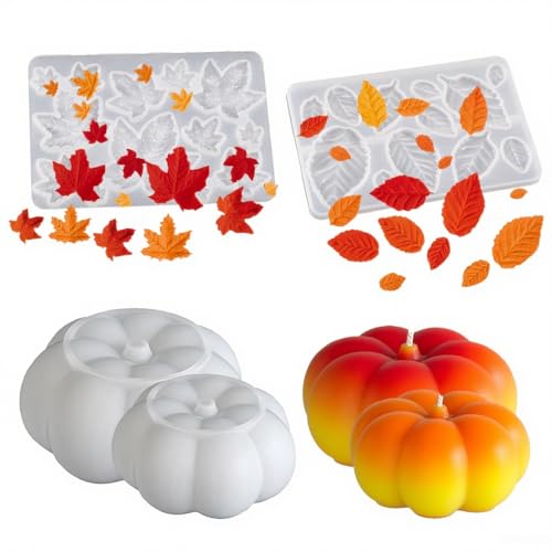 4 Stück 3D-Kürbis-Kerzen-Silikonformen, Halloween-Silikonform, Herbst-Kürbisharz-Formen, Herbst-Erntedank-Blatt-Harz-Formen, für DIY, Schokolade, Ton, Seife, Basteln, Heimdekoration von LZEDIRA