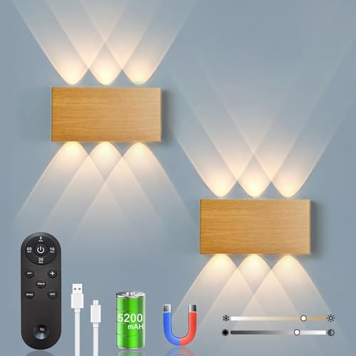 2pcs Akku Wandlampe, mit Fernbedienung Touch Control Schalter LED Magnetisch Akku Wandleuchte 5200mAh Kabellose Wandlampe 3 Modi Helligkeitsstufen, ideal für Loft Flur Schlafzimmer (Hölzern) von LZGS Go Swing Bands