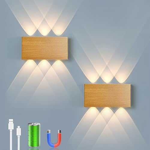 Akku Wandlampe, mit Touch Control Schalter LED Magnetisch Akku Wandleuchte 5200mAh Kabellose Wandlampe 3 Modi Helligkeitsstufen, ideal für Loft Flur Schlafzimmer (2pcs Hölzern) von LZGS Go Swing Bands