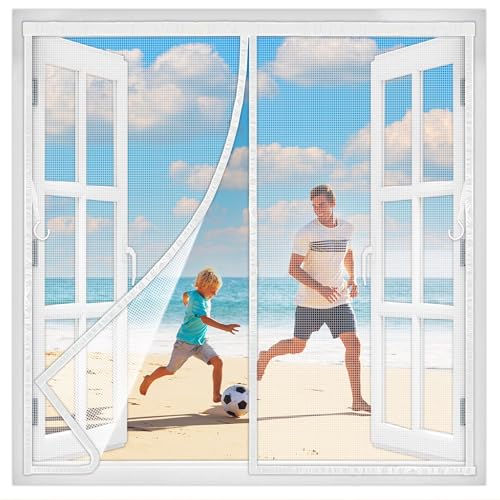 Fliegengitter Fenster Moskitonetz Fenster 145x125 cm, Magnet Vorhang Insektenschutz für Fenster und Fenster Kinderleichte Klebemontage Ohne Bohren Weiß Neuste-Version von LZHBD