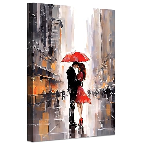 LZIMU Abstraktes Paar bild auf Leinwand schwarz rotes Paar mit Regenschirm in der Straße Leinwandbild romantisches Kunstwerk Wanddekoration Gerahmt (1, 60.00x90.00cms) von LZIMU