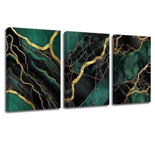 LZIMU Abstraktes Smaragdgrün und Gold Bild auf Leinwand 3 Stück Marmorstruktur Leinwandbild modernes Kunstwerk Wanddekoration Gerahmt(1, 50x70cmx3 Stück) von LZIMU