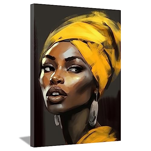 LZIMU Afrikanische amerikanische Frauen Bild auf Leinwand abstraktes schwarzes Mädchen gelbe Haare Schal Ohrringe Leinwand Bild für Schlafzimmer Zimmer Wanddekoration Gerahmt (60x90cm) von LZIMU