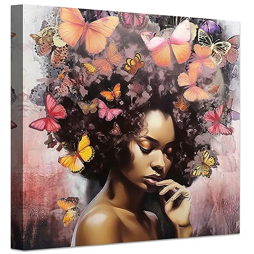 LZIMU Afroamerikanisches Bild auf Leinwand Schmetterling auf schwarzem Frauenkopf Leinwandbild abstraktes Mädchen Kunstwerk für Mädchenzimmer Dekoration Gerahmt (2, 70.00x70.00cms) von LZIMU