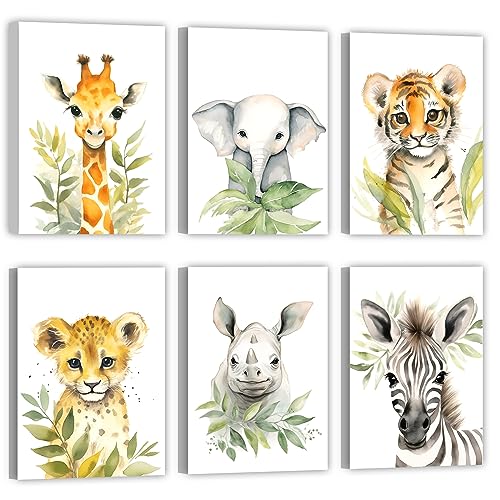 LZIMU Baby Safari Tiere Kinderzimmer Bild auf Leinwand 6 Stück süße Giraffe Elefant Tiger Leopard Nashorn Zebra Poster Leinwand Bild Kinderzimmer Dekoration (Gerahmt, 20.00x30.00cms x6) von LZIMU