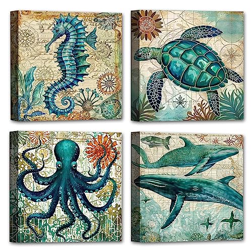 LZIMU Badezimmer Dekoration Meerestiere Leinwand Kunstdrucke 4 Panel Meeresschildkröte Seepferdchen Wal Oktopus Wandbild (B,20.00 x 20.00 cmsx4 Pezzi) von LZIMU