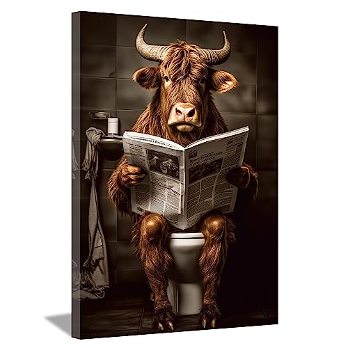LZIMU Badezimmer Kuh Bild auf Leinwand braunes Vieh das auf Toilette sitzt und Zeitung liest Leinwand Bild lustige Tiere Poster Wanddekoration Gerahmt(4, 30x45cm) von LZIMU