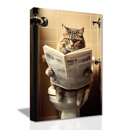 LZIMU Badezimmer Wanddekoration Katze sitzt auf der Toilette und liest Zeitung Leinwanddrucke lustige Tiere Badezimmer Wandbilder (E, 40.00 x 60.00 cms) von LZIMU
