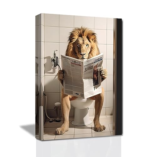 LZIMU Badezimmer Wanddekoration Löwe sitzt auf der Toilette und liest Zeitung Leinwand Kunstdrucke lustige Tiere Badezimmer Wandbilder (F, 30.00 x 45.00 cms) von LZIMU