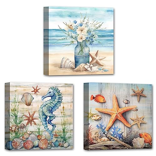 LZIMU Badezimmer Wanddekoration Ozean Strand Leinwandbild 3 Panel Meeresmuschel Seestern Seepferdchen Blumen Kunstdrucke Meereswelt Gemälde (C,25.00 x 25.00 cmsx3 Pezzi) von LZIMU