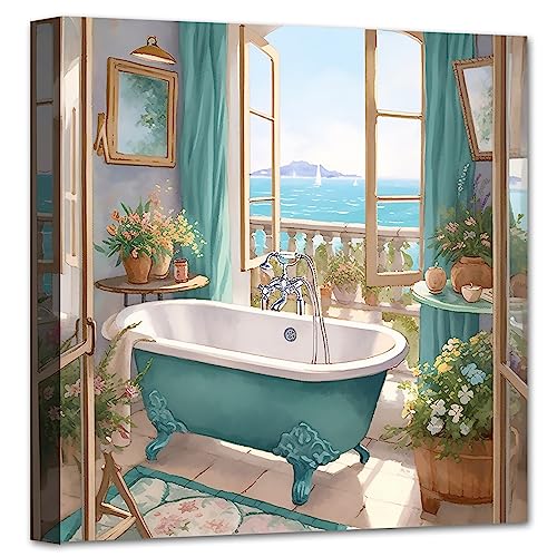 LZIMU Badezimmer Wanddekoration blaugrüne Badewannen Kunstdrucke rustikales Blumengemälde Meerblick aus dem Fenster für Toiletten Waschraum Dekor (B,30.00 x 30.00 cms) von LZIMU