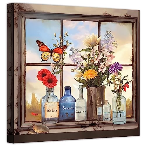 LZIMU Badezimmer bild auf Leinwand Vase Schmetterling im Fenster Flaschen und Pflanzen Leinwandbild rustikales Landhaus Wanddekoration Gerahmt (40x40cm) von LZIMU