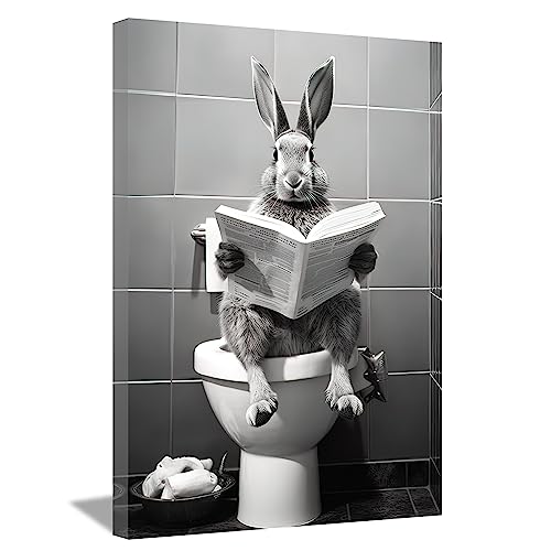 LZIMU Badezimmer lustiges Kaninchen Bild auf Leinwand Kaninchen sitzt auf der Toilette und liest Zeitung Leinwand Bild Schwarz Weiß Poster Wanddekoration Gerahmt(5, 40x60cm) von LZIMU