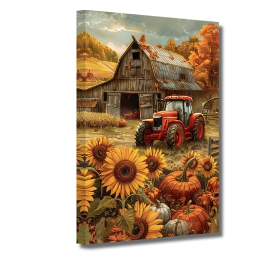 LZIMU Bauernhaus Kürbis Wandkunst Scheunenbild Herbsternte Poster Kürbis und Sonnenblumen Leinwanddrucke Herbstgemälde Erntedankfest Dekor (Weiß, (30.00 x 45.00 cms)) von LZIMU