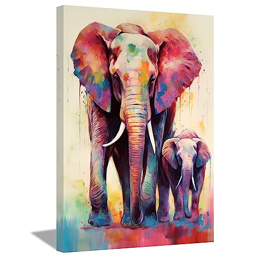 LZIMU Bild mit afrikanischen Elefanten auf Leinwand abstrakter bunter Elefant und Elefantenbaby Wildtier Leinwandbild für Badezimmer Zuhause Wanddekoration Gerahmt (50x75cm) von LZIMU