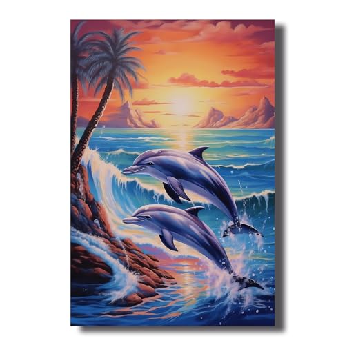 LZIMU Delfin Leinwand Bilder springender Delfin bei Sonnenuntergang Bilddrucke Aquarell Meereslandschaft Meereswellen Poster für Kinderzimmer Dekoration (Bild-3, (40.00 x 60.00 cms)) von LZIMU