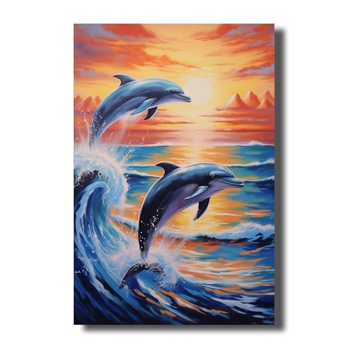 LZIMU Delfin Leinwand Bilder springender Delfin bei Sonnenuntergang Bilddrucke Aquarell Meereslandschaft Meereswellen Poster für Kinderzimmer Dekoration (Bild-4, (30.00 x 45.00 cms)) von LZIMU