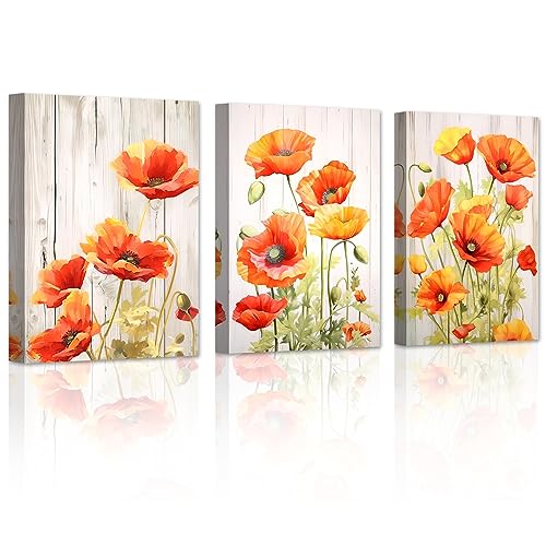 LZIMU Elegantes Mohnblumen Bild auf Leinwand 3 Teilig orangefarbene Mohnblumenblüten Leinwandbild rustikales Kunstwerk für Badezimmer Büro Küche Gerahmt (1, 30.00x40.00cms x3) von LZIMU