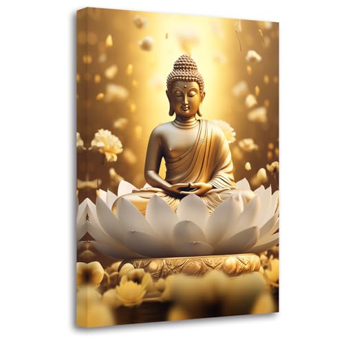 LZIMU Goldenes Buddha Gemälde Zen Leinwandbilder Buddha Statue Lotusbild spirituelle Drucke Spa Kunstwerk für Yoga Meditation buddhistischer Gebetsraum(Bild-2, (40.00 x 60.00 cms)) von LZIMU