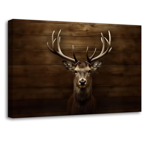 LZIMU Hirsch Leinwandbilder braunes Elchkopf Poster Wildtier Tierbild Jagddrucke Vintage rustikale Bauernhaus Dekoration Gerahmt(Bild-2, (30.00 x 45.00 cms)) von LZIMU