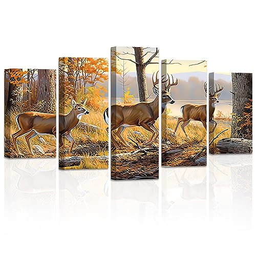 LZIMU Hirschbild auf Leinwand 5 Stück Elch im Herbstwald Leinwandbild Wildtiere Jagd Landschaft Kunstwerk Wohnzimmer Wanddekoration Gerahmt (2, 125x60cm) von LZIMU