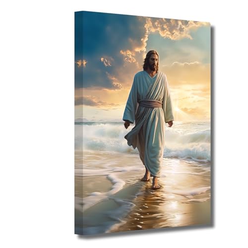 LZIMU Jesus Bild auf Leinwand Jesus geht am Strand Leinwand Bild Gott Poster katholisches Kunstwerk für spirituelle Raum Wanddekoration Gerahmt (3, 30.00x45.00cms) von LZIMU