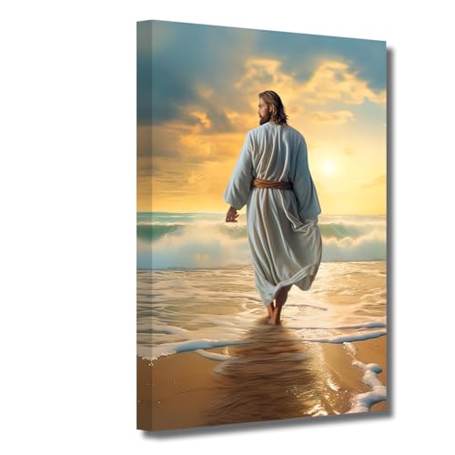 LZIMU Jesus Bild auf Leinwand Jesus geht am Strand Leinwand Bild Gott Poster katholisches Kunstwerk für spirituelle Raum Wanddekoration Gerahmt (4, 50.00x75.00cms) von LZIMU